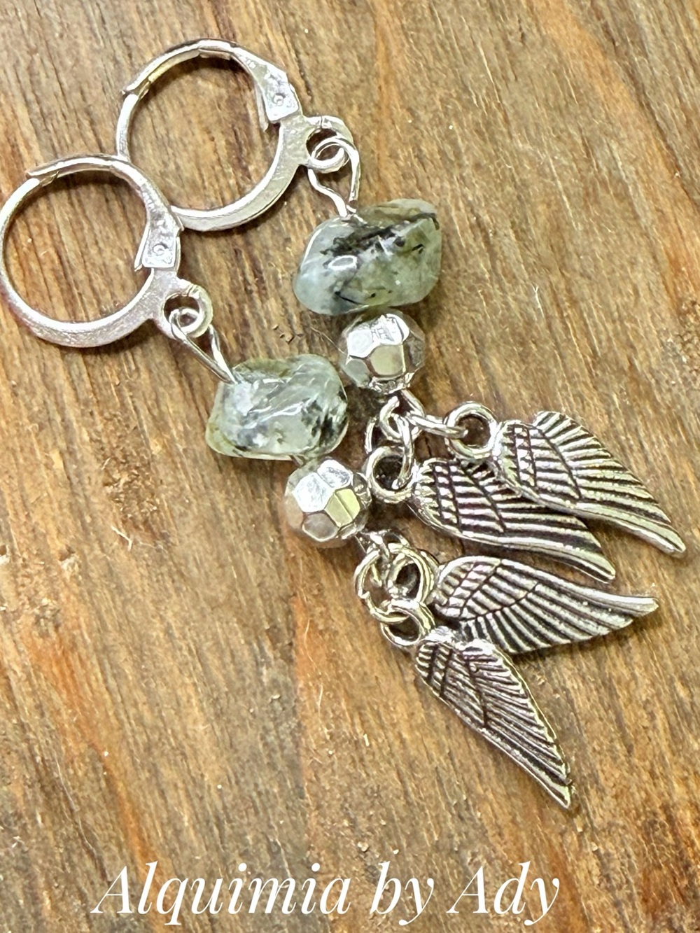 Silver Wing Earrings with Pale prehnite Green Stones